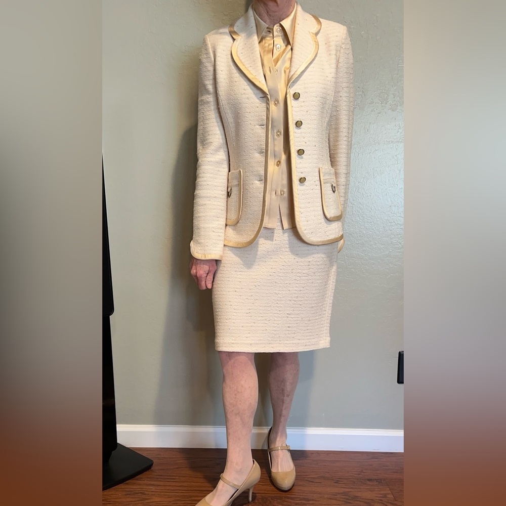 St. John Cream/Gold Jacket & Skirt with Matching Gold Silk Blouse